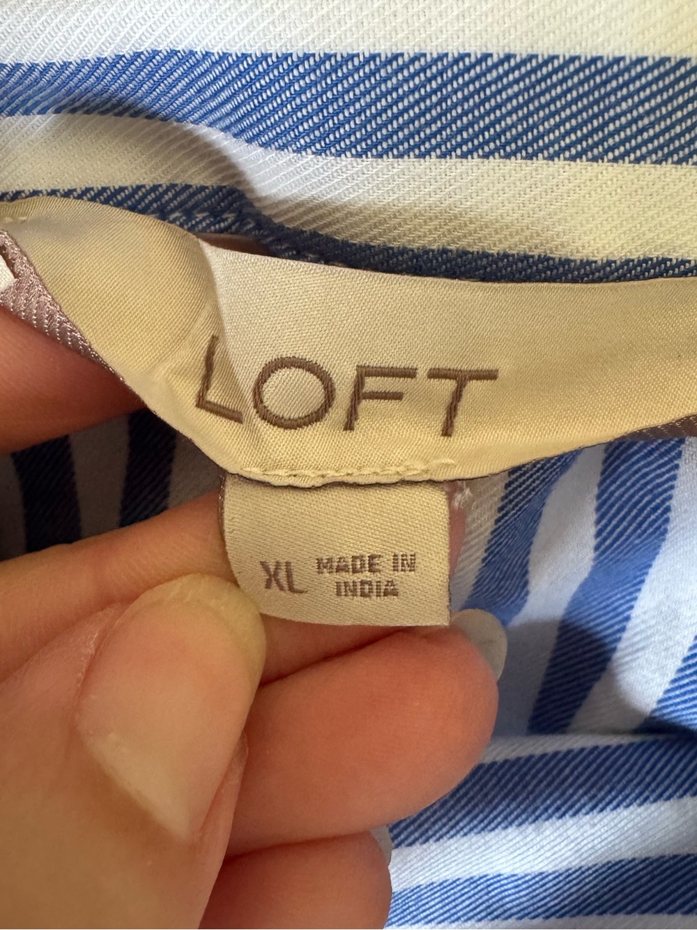 LOFT Blue and White Striped Button-Detail Mock Neck Blouse - Picture 5 of 7
